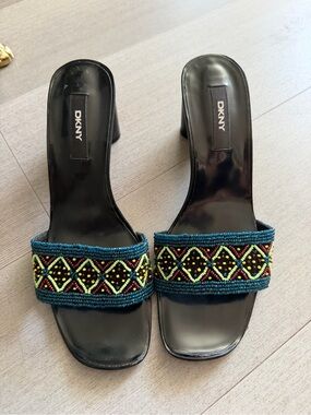 DKNY Vintage Black Beaded Slide Sandals Mules with Multicolor Embroidery